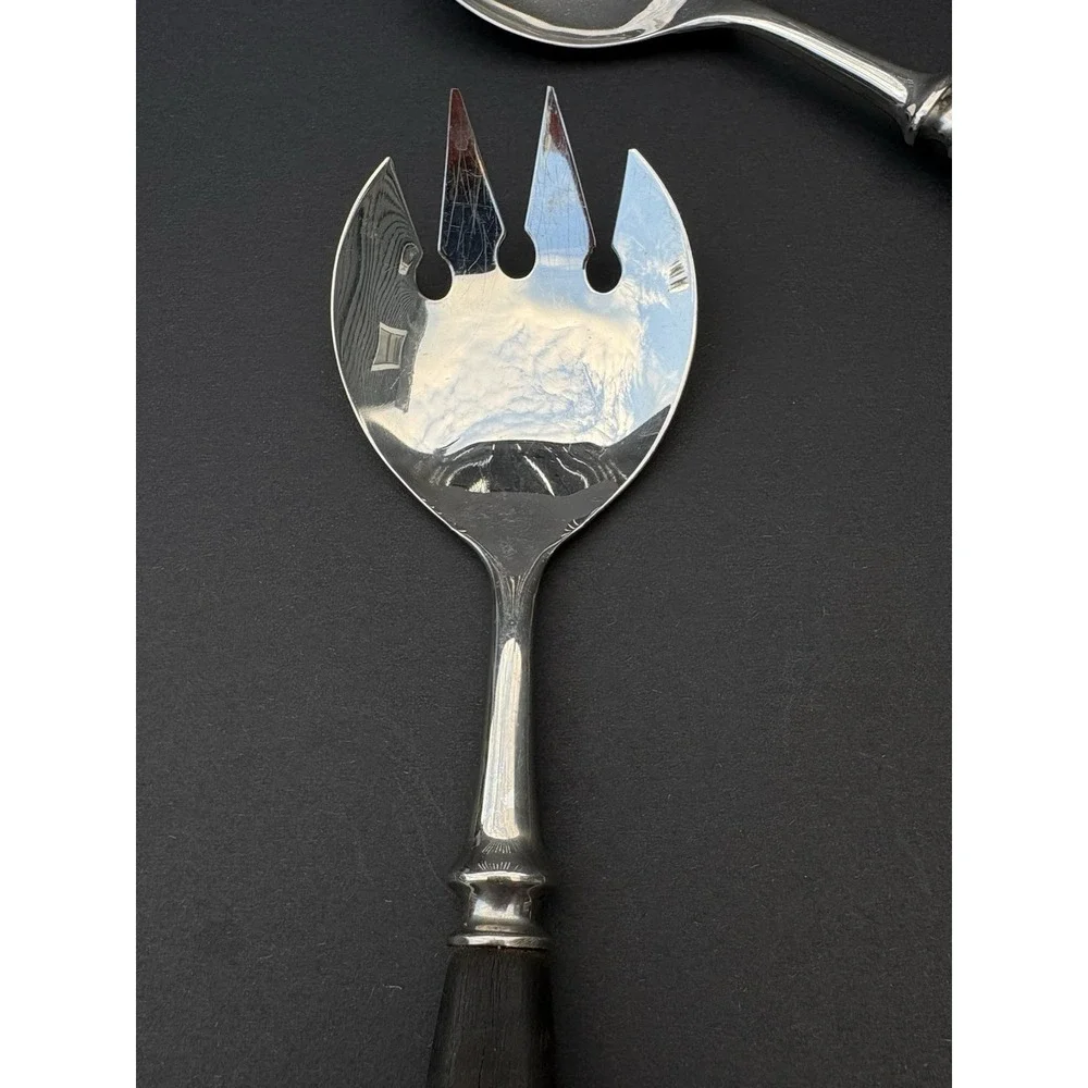 Vintage Scandinavian salad serving set made in Norway silver metal  wood handles